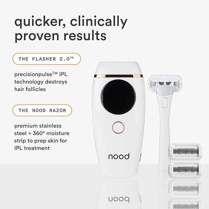 Nood??NEW Flasher 2.0 + Shaving Starter Kit ? IPL Laser Hair Removal Device for Women &amp Men with Refillable 5-Blade Razors ? Pain-Free IPL Hair Removal Works Wherever Hair Grows ? Matte Black