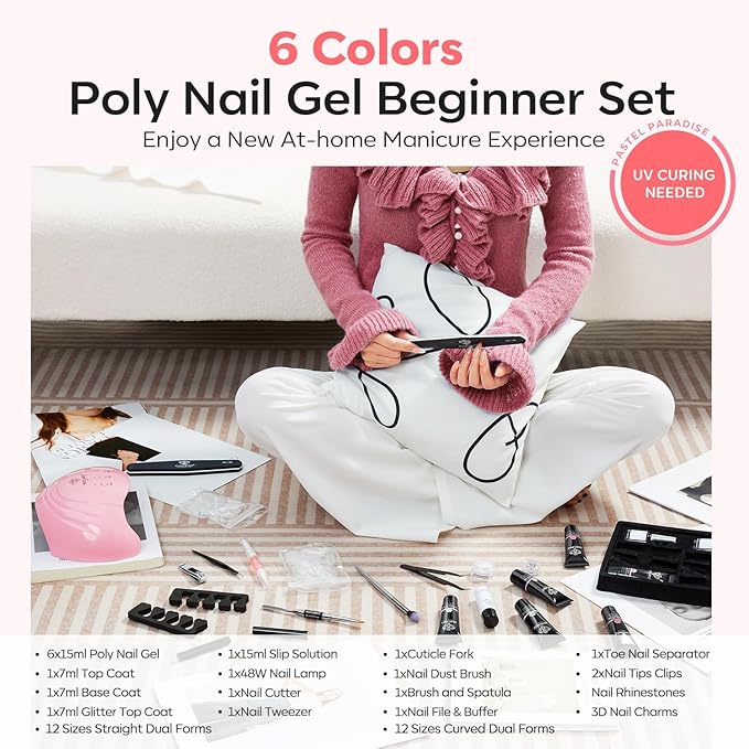 Modelones Poly Nail Gel Kit 6 Colors Poly Extension Gel Clear Pink White with 48W U V/LED Lamp 3D Nail Charms Builder Slip Solution Complete Toe Manicure Supplies Tools for Starter