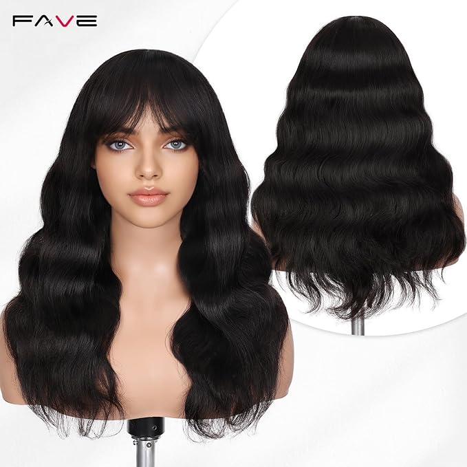 FAVE 18 Inches Natural Wave Human Hair Wigs With Bangs 1 * 3 Hd Lace Top Wigs Human Hair for White Women Wear And Go Glueless Wig for Daily Use