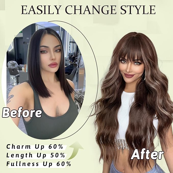NAYOO Brown Wigs with Bangs for Women Long Curly Wavy Hair Wigs Heat Resistant Synthetic Fiber Wigs for Daily Party Use 26 Inches (Brown Mixed Blonde)