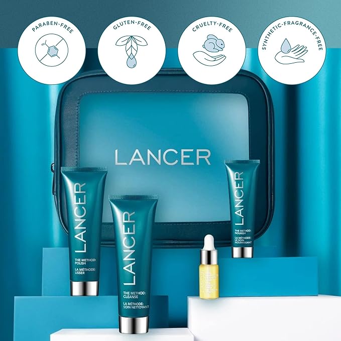 Lancer Skincare The Method Intro Kit 3-Step Anti-Aging Facial Exfoliator Cleanser and Moisturizer Kit for Glowing Skin Reveals Instantly Supple Soft Skin