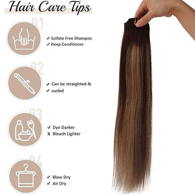 Ombre Hair Extension with Clips for WomenHighlight Brown Hair Extensions Human Hair Chocolate Brown to Strawberry Blonde Straight Remy Human Hair Extensions 5pcs 70g (#4T4P2716Inch)