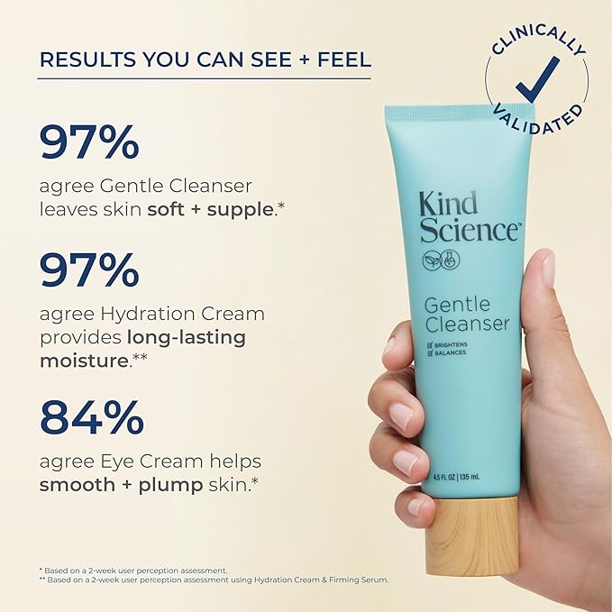 Kind Science 3-Piece Skin Care Set Gentle Cleanser Hydration Cream Eye Cream - Essential Anti Aging Trio - Anti Aging Skin Care Set for Women - Paraben Dye &amp Fragrance Free Cruelty Free