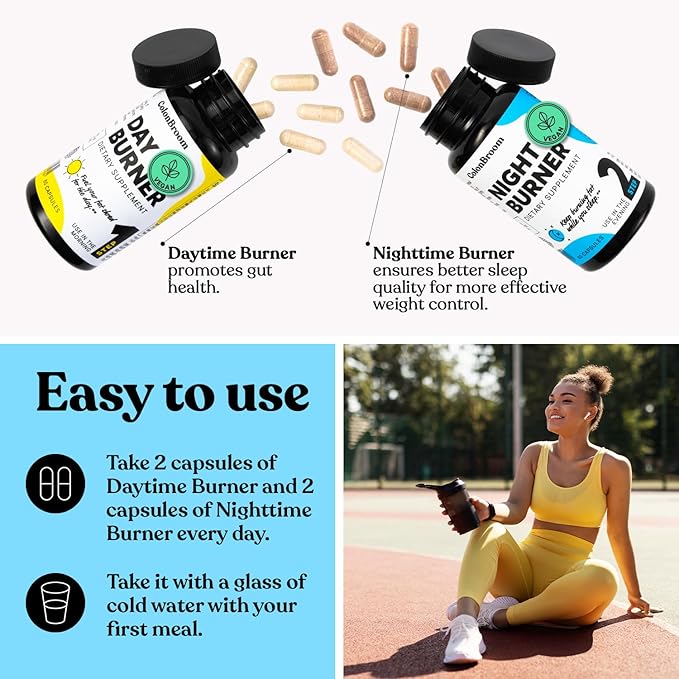 ColonBroom Day &amp Night Burner Supplements Pills for Women/Men with Inulin L-carnitine Coenzyme Q 10 Grain of Paradise and More Colon Broom 60 Vegan Capsules Per Container