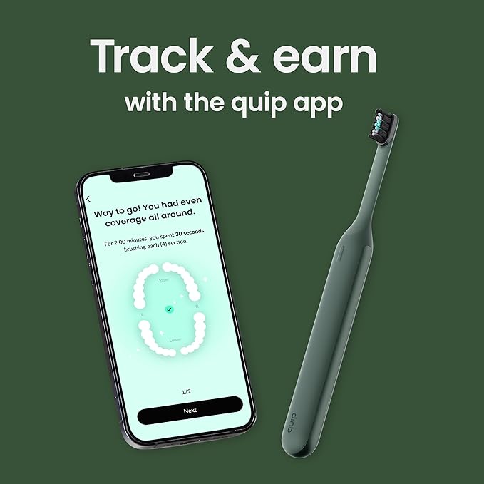 Quip Ultra Next Generation Smart Sonic Toothbrush - Timed Electric Toothbrush for Adults - Replaceable Brush Head Soft Bristles Silicone Handle 30-Day Battery Life Travel Case - Moss Green