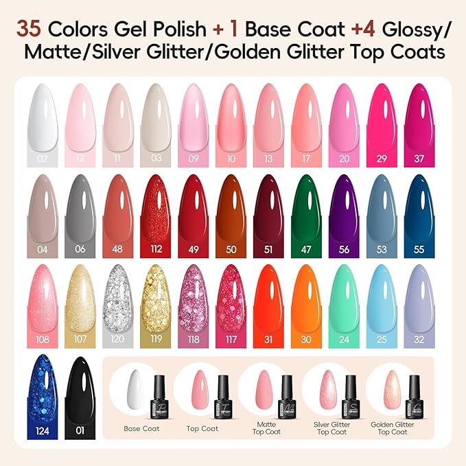 Peacecolor Gel Nail Polish Kit with U V Light and Drill59PCs Gel Nail Kit 35 Colors with 5PC Matte/Glossy/Glitter Top Base Coat Nail Art Rhinestone Manicure starter Kit Soak Off Gifts for Girls