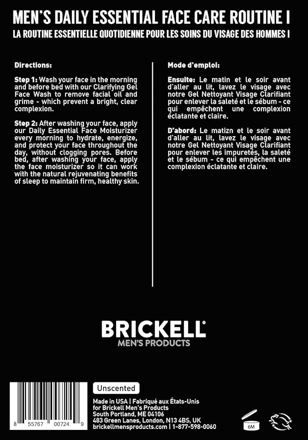 Brickell Men's Daily Essential Face Care Routine I Gel Facial Cleanser Wash and Face Moisturizer Lotion Natural and Organic Unscented Skincare Gift Set