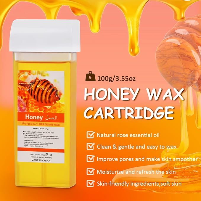 Digital Roll On Wax KitHoney Thermostatic Roller Waxing Kit for Sensitive Skin Depilatory Soft Wax Warmer with 2 Cartridge Refill 10 Wax-removing wipes and 100pcs Wax Strips