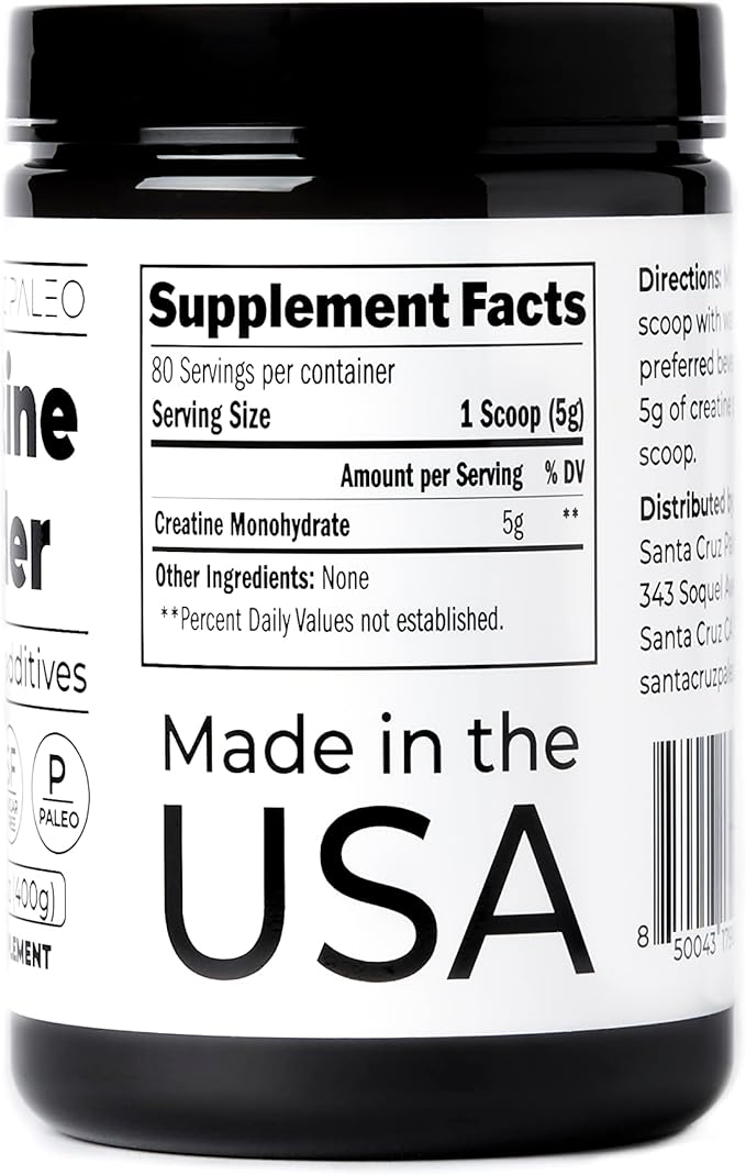 Santa Cruz Paleo Creatine Monohydrate Powder Micronized Unflavored Pre Workout and Muscle Support Supplement Gluten Free Keto Mix with Water or Shakes No Fillers or Additives 80 Servings 400g