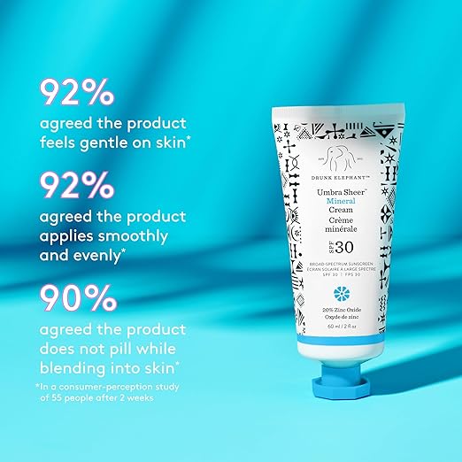 Drunk Elephant Umbra Sheer Mineral Cream (SPF 30) Mineral Sunscreen - Clean Clinical Skincare - Cruelty-Free - Dermatologist-Tested - Free of Essential Oils Silicones and Fragrance