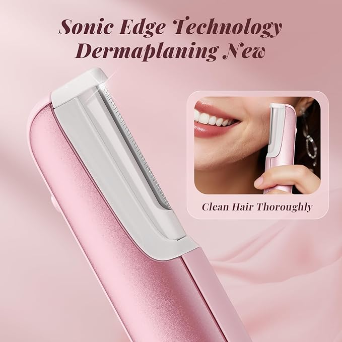 Dermaplane Razor for Women Face BNU Facial Hair Remover for Anti-Aging - Rechargeable - LED Light - Sonic Edges - 3 Speeds Ergonomic Handle Face Dermaplaning Tool 10 Weeks Pink