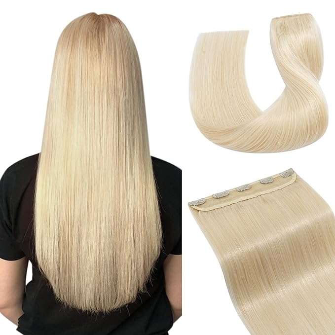 Hairro Clip in Hair Extensions 100% Human Hair #60 Plainum Blonde Thin Clip in Human Hairpieces 20 Inch Long Straight Standard Weft One Piece 5 Clips 50g for Women
