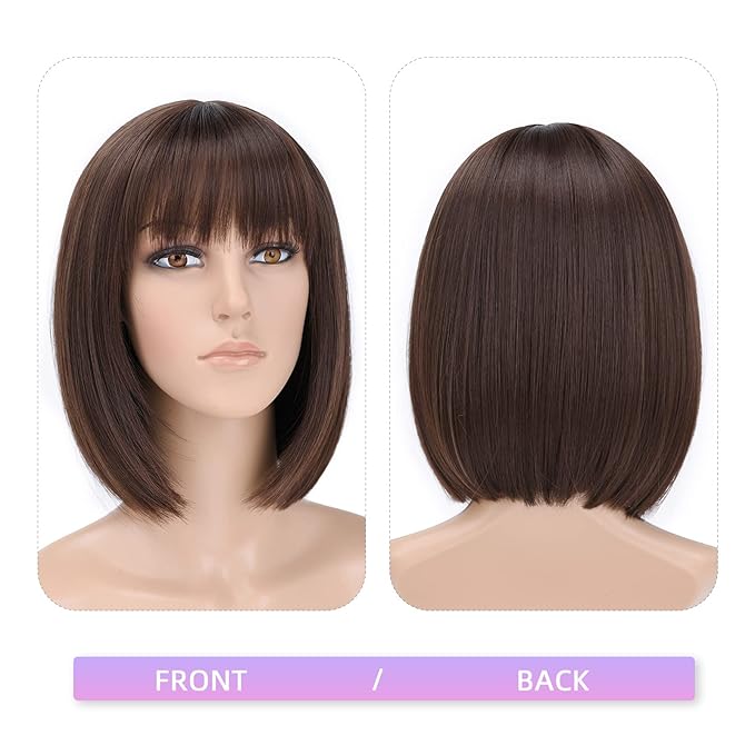 HSPJHTM Brown Bob WigsShort Bob Hair Wigs 12 Straight with Bangs Synthetic Colorful Cosplay Daily Party Wig for Women Natural Brown(Free Wig Cap)