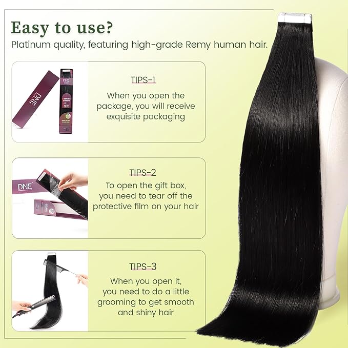 DNE Tape in Hair Extensions Real Human Hair 20 inches 20Pcs/50g/Pack Seamless #1 Jet Black Dark Color Straight Invisible Double Sided Tape in Hair Extensions for Women/Girls Can Bleached and Curl