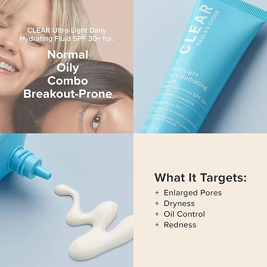 Paula's Choice CLEAR Ultra-Light Hydrating Oil Free Face Sunscreen &amp Moisturizer SPF 30 Sunscreen for Face with Green Tea &amp Chamomile Pore Minimizer for Blemish- Prone Skin UVA/UVB Protecti