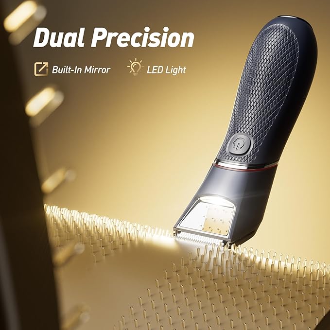 Body Hair Trimmer for Men: Pubic Hair Trimmer with Mirror &amp LED Light - Electric Ball Shavers with Ceramic Blades &amp Travel Lock - Body Groomer IPX7 Waterproof Wet/Dry Use for Groin/Legs/Chest