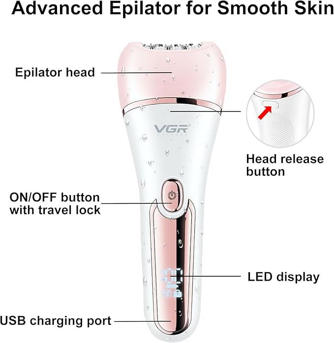VGR 733 Epilator Hair Removal for Women 6-in-1 Cordless &amp Rechargeable Lady Electric Shaver IPX7 Waterproof Hair Removal Device Wet and Dry Bikini Trimmer for Face Leg Armpit Pink