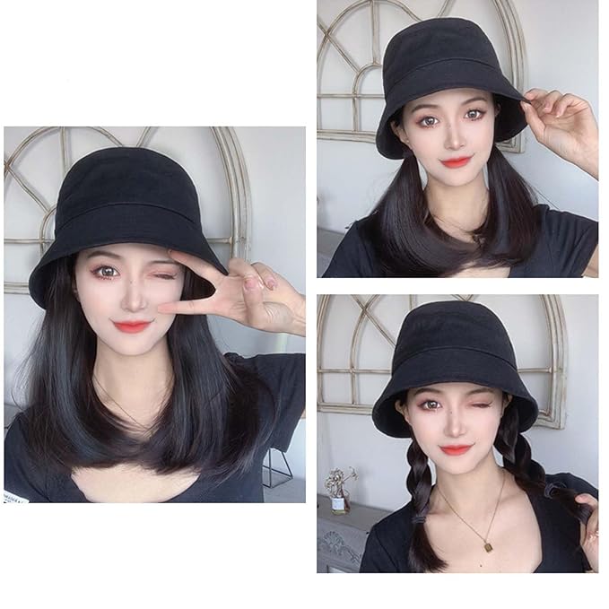Detachable women's wig hat autumn summer bucket fisherman hat medium length hair with inner buckle collarbone wig