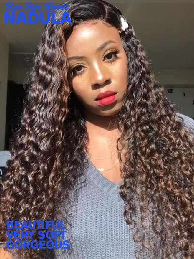 Nadula Golden Brown Highlight Water Wave Bye Bye Knots Glueless Wig Pre Cut 7X5 Invisible Knots HD Lace Front Wigs Human Hair Pre Plucked Wet and Wavy Ready to Go Wig 150% Density 16inch