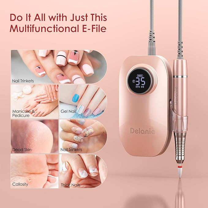 Delanie Brushless Nail Drill 35000 RPM Professional Rechargeable Portable Electric Nail File for Nail Tech Rose Gold