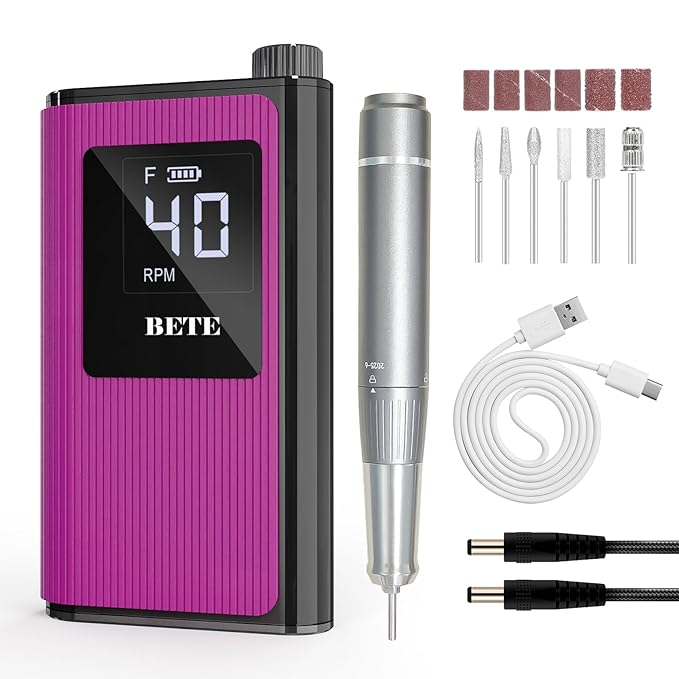 BETE Professional Nail Drill 40000 RPM Cordless Electric Nail File Kit with 6 Bits Rechargeable Efile for Acrylic Gel Nails Polishing Manicure Tools for Salon Home Use Rose Red