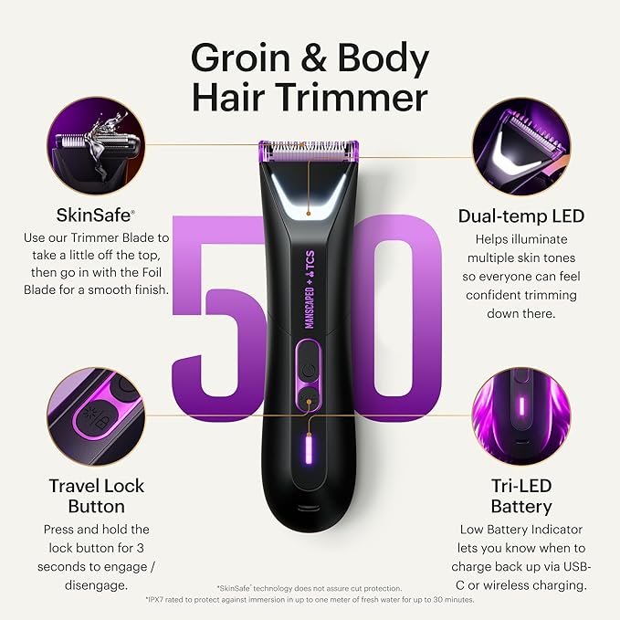 MANSCAPED® The Lawn Mower® 5.0 Ultra TCS Special Edition Men's Groin &amp Body Hair Trimmer ? Dual-Head SkinSafe® Trimmer &amp Foil Blades Waterproof Wet/Dry Groomer USB-C Rechargeable with Travel