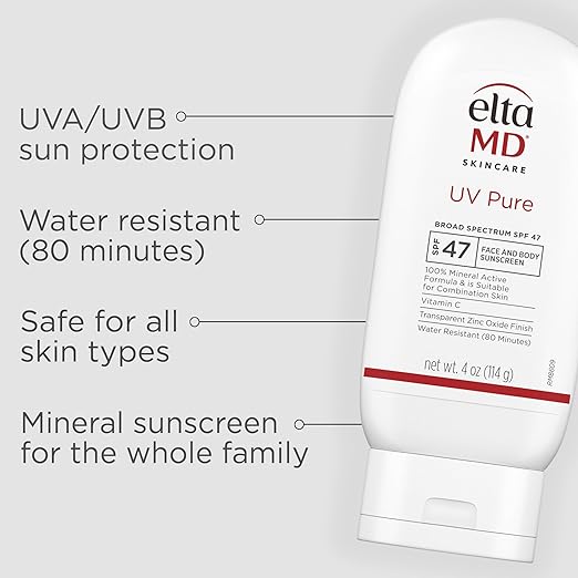 EltaMD UV Pure Face and Body Sunscreen SPF 47 Mineral Sunscreen for Kids and Adults Water Resistant Up to 80 Minutes Oil Free Zinc Oxide Formula