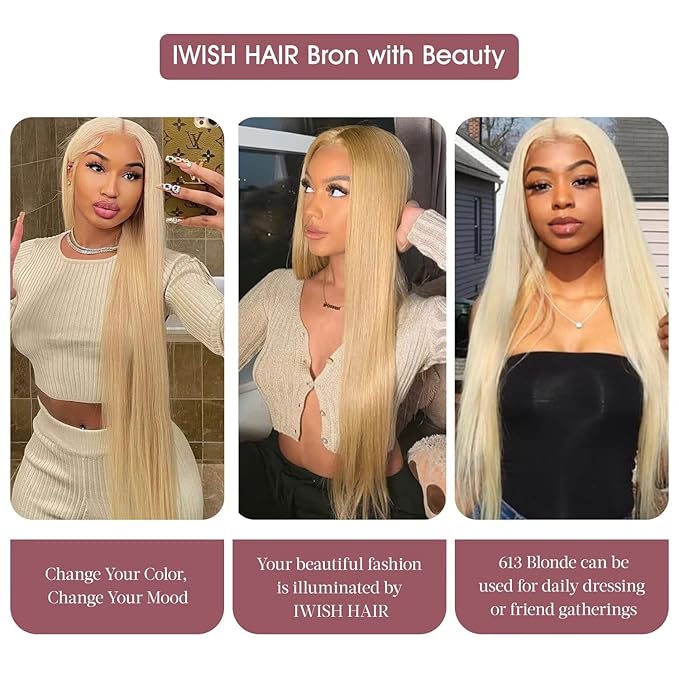 IWISH 613 13x6 Lace Front Wig Human Hair 24 Inches 200% Density Blonde Straight HD Transparent Lace Frontal Human Hair Wigs Pre Plucked for Women