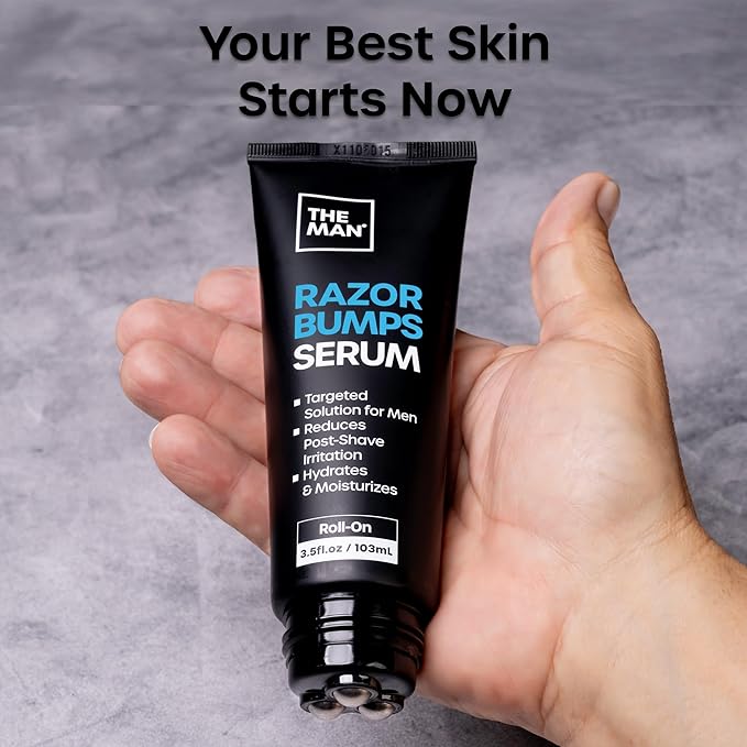 The Man Razor Bumps Serum - Ingrown Hair Treatment for Men - Razor Bump Treatment for Men - Face &amp Body After Shave &amp Razor Burn Treatment - Metal Roll On Soothes Skin &amp Calms Irritation (