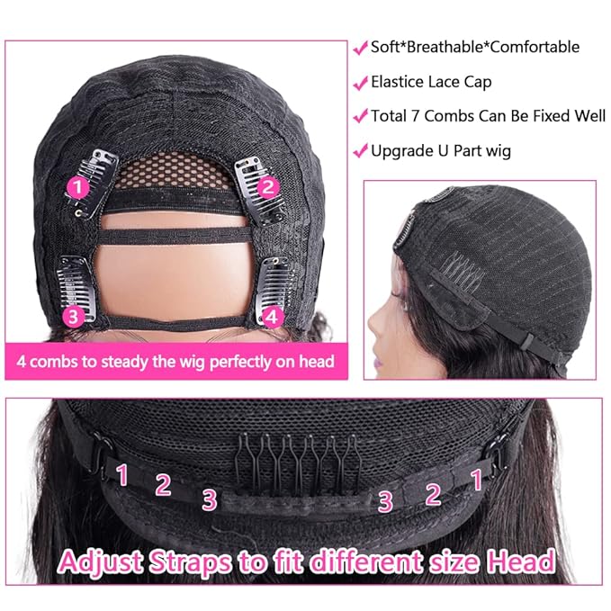 U Part Wigs Human Hair for Black Women Deep Wave Human Hair Brazilian Hair Full Head Clip in Half Wig V Part Glueless Wigs Human Hair Pre Plucked U Shape Wigs (Natural Black 18 inch)