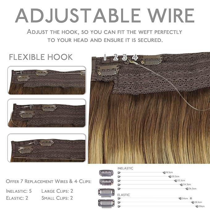 WENNALIFE Wire Hair Extensions(Increase 50% Lifespan) Real Human Hair 20 inch 140g Balayage Chocolate Brown to Honey Blonde Remy Hair Invisible Transparent Wire Fish Line Straight Reusable Natural