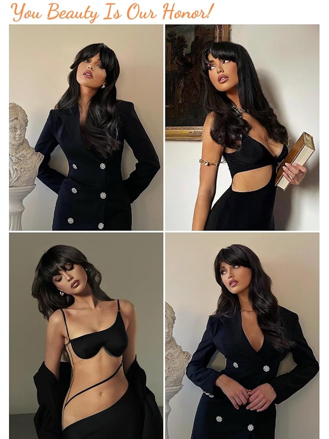 Honygebia Black Wig with Bangs - Natural Black Wigs for Women Long Straight Wavy Synthetic Hair Layered Realistic Heat Resistant Wig Best for Halloween/Christmas/Cosplay/Party