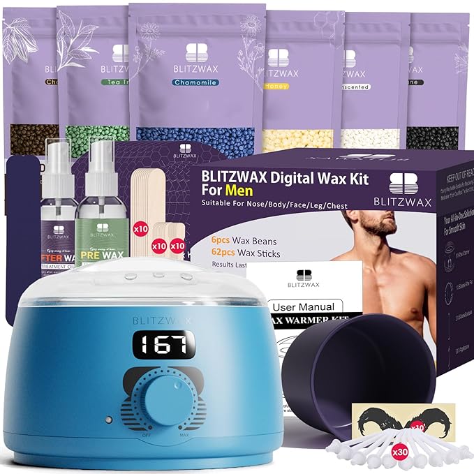 BLITZWAX Back and Nose Waxing Kit for Men Hard Wax Warmer for Brazilian Body and Face At Home Hair Removal Kit Beginner Friendly Quick Heating 93 Accessories Royal Blue