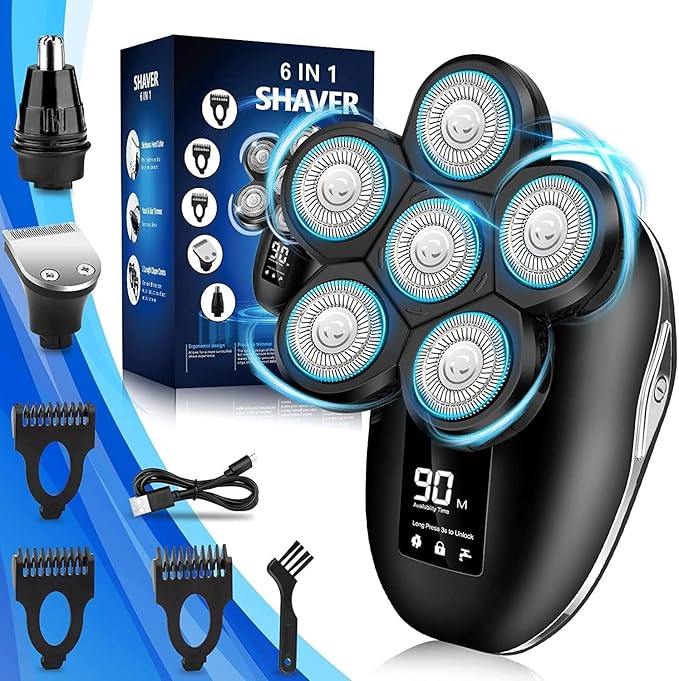 Electric Shaver for Men 6 in 1 Electric Razor for Men IPX7 Wet/Dry Waterproof Men's Shavers Rotary Head with Shavers Kit LED Display Gifts for Husband DadBoyfriend (Silver)