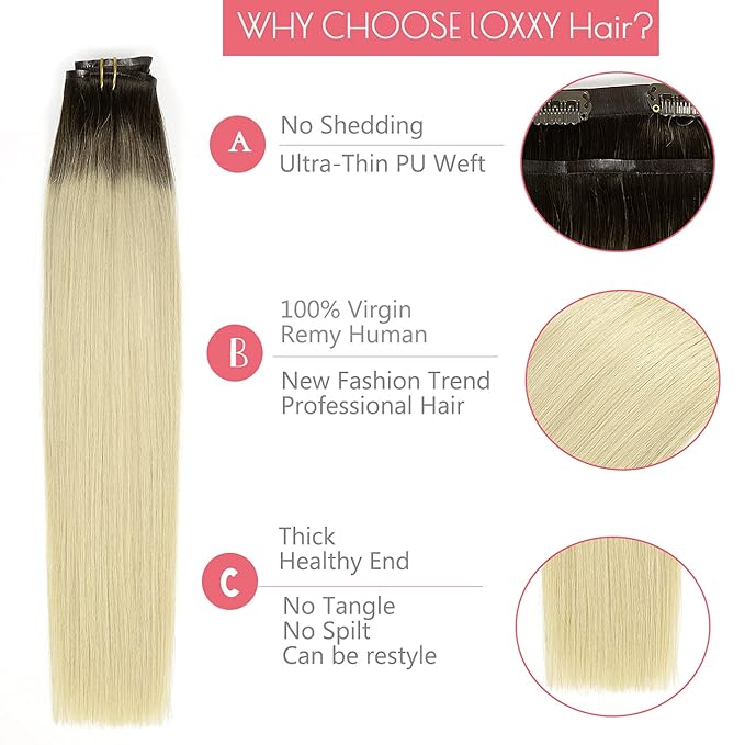 Loxxy Seamless Extensions Clip in Human Hair Double Ultra Thin PU Weft Remy Hair Extensions Clip in Human Hair Ombre Rooted Darkest Brown To Platinum Blonde Full Head R#2-60A 18Inch 110gram 7pcs