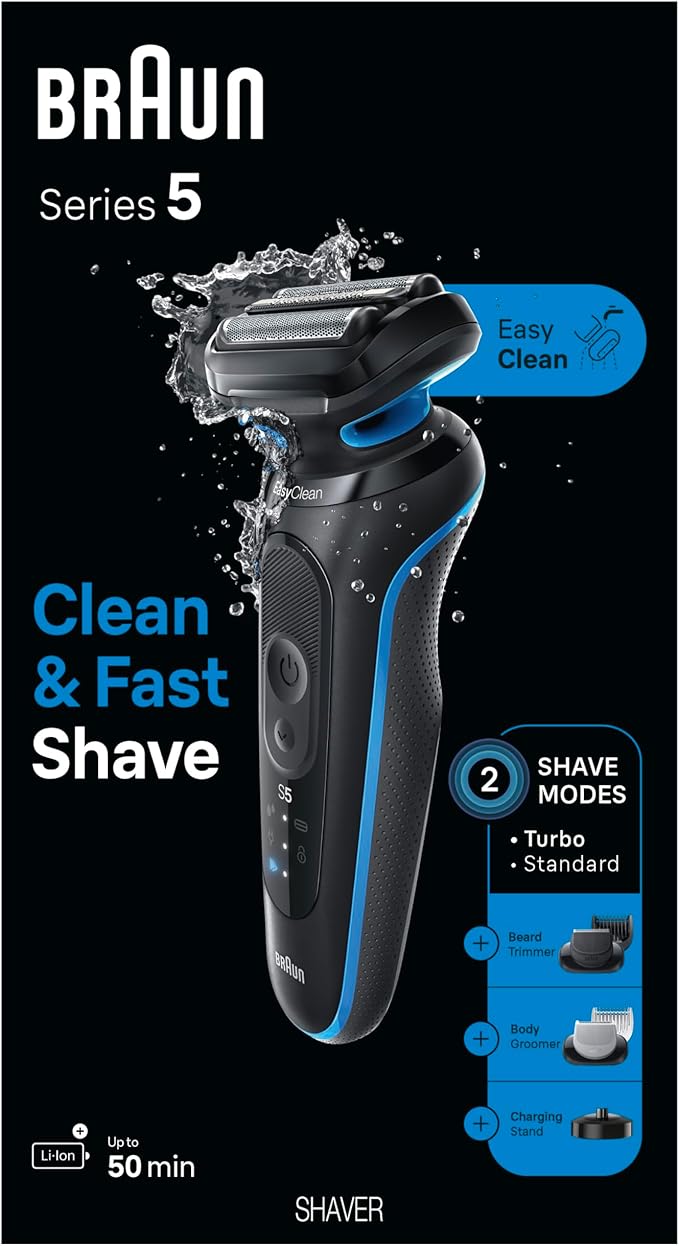 Braun Electric Shaver for Men Series 5 5150cs Wet &amp Dry Razor Turbo Shaving Mode Foil Shaver with Beard Trimmer Body Groomer and Charging Stand Blue Holiday Gifts for Men