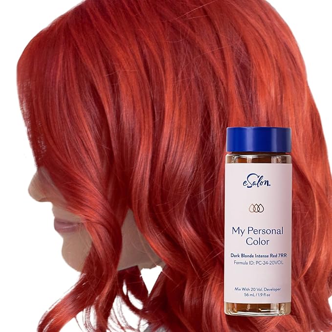 eSalon Permanent Hair Color &amp Hair Dye Complete Kit - Personal Colorist Kit for Up To 100% Gray Coverage for All Hair Types - Professional-Grade Ammonia-Free Hair Dye (Dark Blonde Intense Red 7RR)