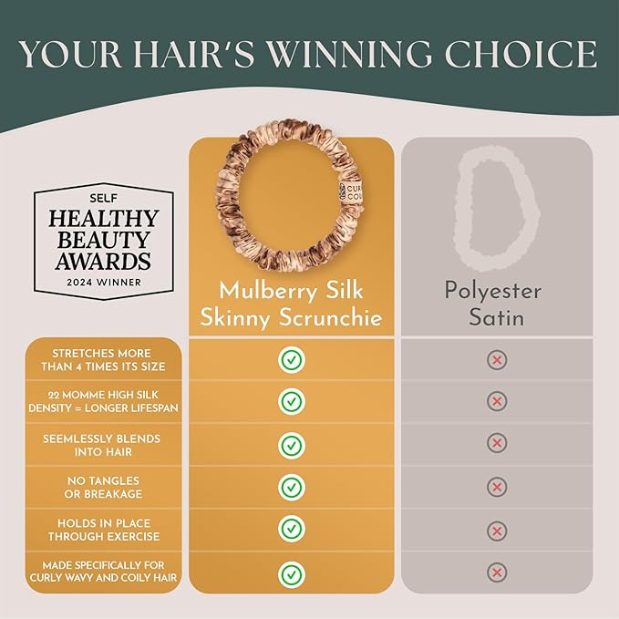Authentic Mulberry Silk Skinny Hair Match Scrunchies for Women Anti Breakage Hair Ties for Curly Thick &amp Thin Hair 100% Silk for Buns Sleep &amp Ponytail Honey/Deep Bronde (4 Pack)