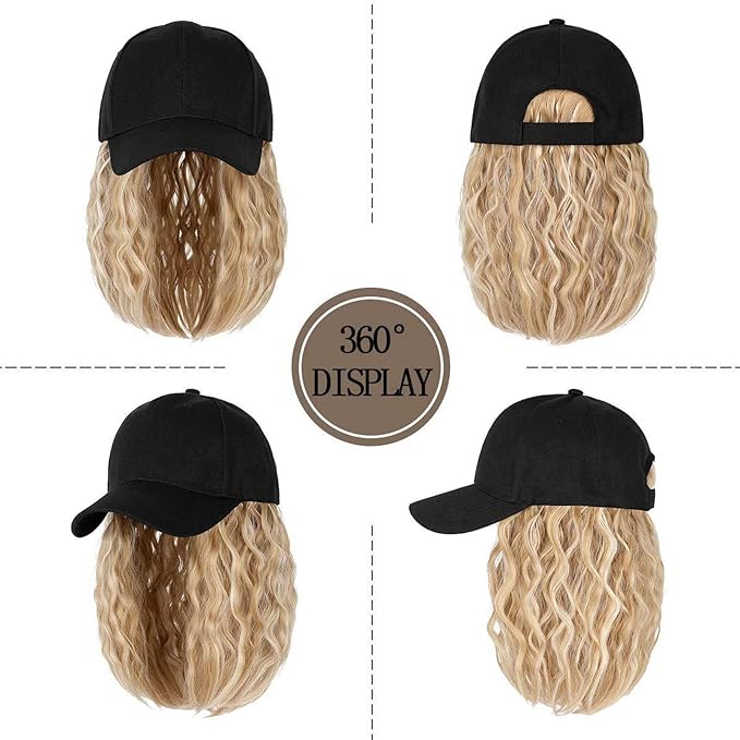 Hat Wig for Women Short Wave Baseball Cap Wig with Curly Synthetic Hair Extensions 14inch Wavy Curly Bob wig Sun hat