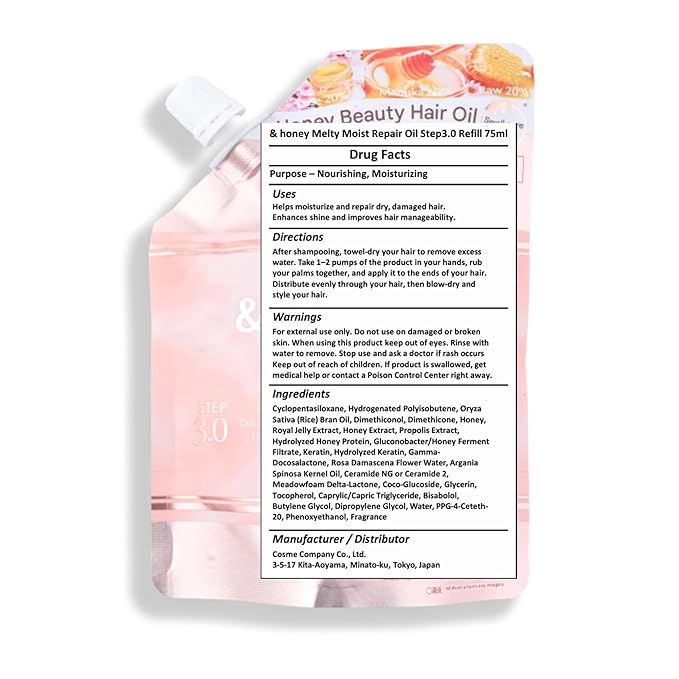 &amp-Honey Melty Moist Repair Oil 3.0 Refill 75ml - Hair Oils for Frizzy Curly Damaged Hair - 90% Manuka Honey Blend - Nourishing Moisturizing - Ideal for Refill - Honey-Infused for Shine