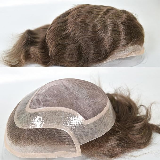 Men's Toupee 10×8 European Virgin Human Hair Toupee Hair pieces for Men Thin Skin Hair Replacement System Lace Front+ Mono Net with PU around Base for Men (#4 color)