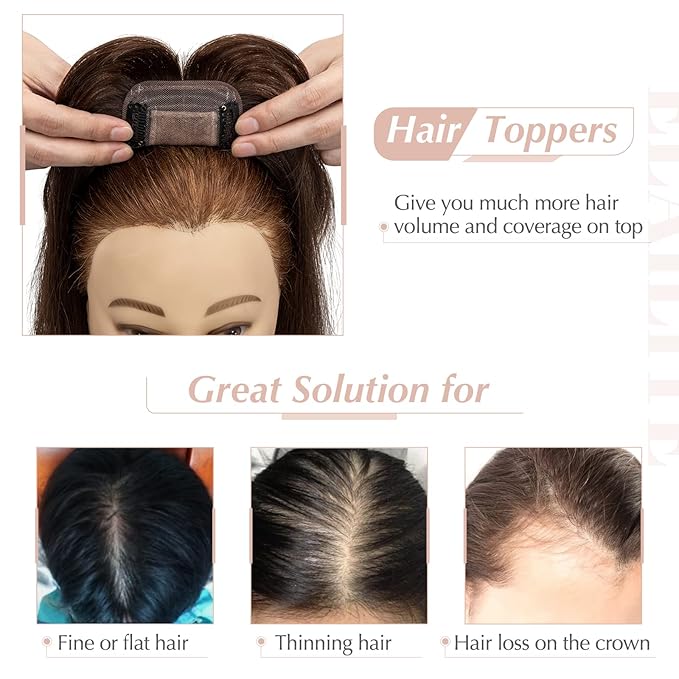 Elailite Hair Toppers for Women Real Human Hair Topper with Bangs Thinning Thin 5.1x2.8 Silk Base Clip in Remy Hairpieces 10 Inch Dark Brown