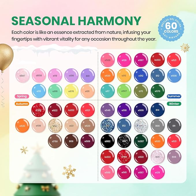 Beetles Winter Gel Nail Polish Set 70 PCS 60 Colors Red Green Pink Brown Blue Nude Glitter Gel Nail Polish Kit with Base Top Coat for Beginners UV LED Needed DIY Salon Christmas Gifts for Women