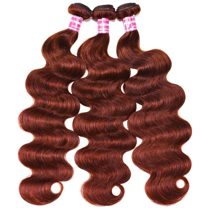 UNICE Reddish Brown Body Wave Human Hair Weave 4 Bundles 14 16 18 20 inch Brazilian Remy Hair Auburn Brown Copper Red Human Hair Wavy Weaves for Sew in Extensions 33B Color