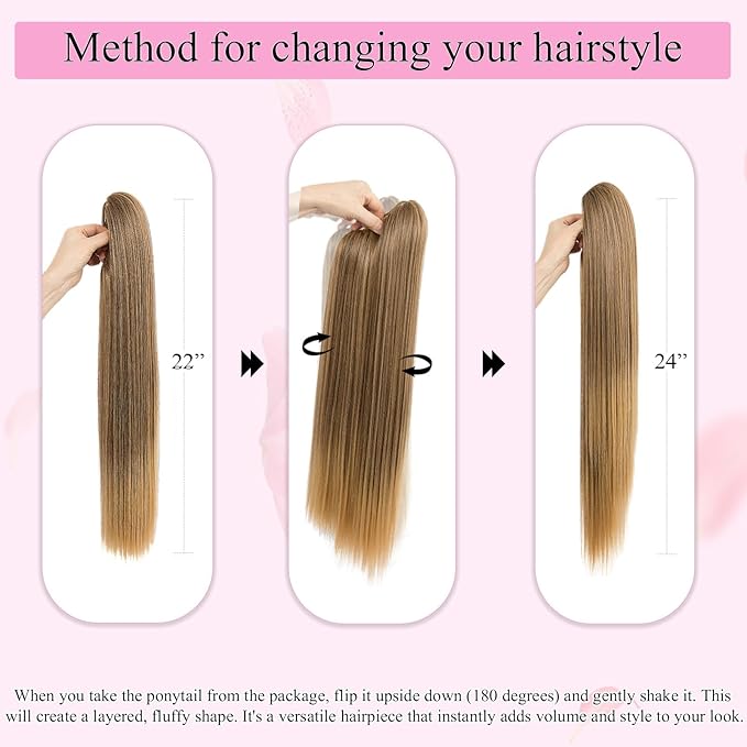 Ponytail Extension 24 Long Straight Claw Clip Ponytail Extension clip on ponytails hair clip Hair claw clip Fake Ponytail Hairpieces for Women - Pecan Blonde