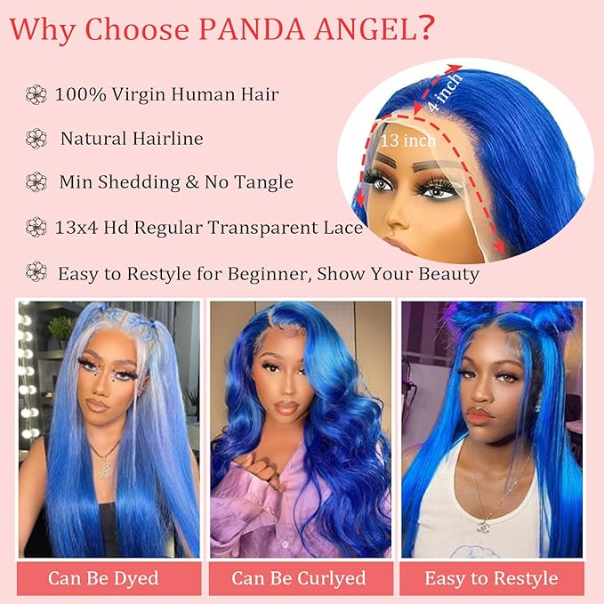PANDA ANGEL Straight Lace Front Wigs Human Hair Blue 13x4 Hd Transparent Lace Frontal Wig Wear and Go Glueless Navy Blue Wigs Human Hair for Black Women Colorful Dark Blue Lace Front Wig 36 Inch