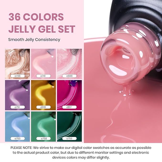 Beetles Jelly Gel Nail Polish Set 53PCS 36 Colors Jelly Pink Milky White Red Black Blue Green Silver Cat Eye Base Glitter Glossy Matte Top Coat Crystal Ice Collection French Nails Gift for Women