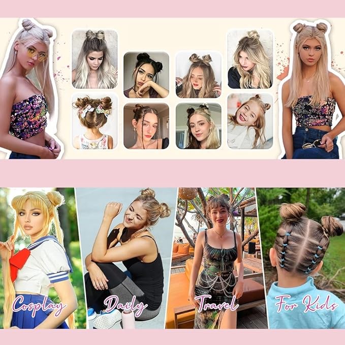 Hair Buns 2PCS Space Buns Mini Claw Clip in Hair Bun Extensions Messy Cat Ears Wig Accessory Synthetic Donut Updo Hairpieces for Girls Hairpieces For Women(Black)