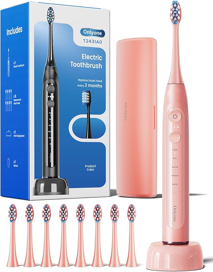 Onlyone Sonic Electric Toothbrush for Adults Rechargeable Ultrasonic Electric Toothbrush with 8 Brush Heads Travel Case Charging Base &amp Wireless Charging - 5 Modes with Smart Timer