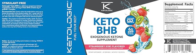 Ketologic Keto BHB (Strawberry Kiwi Flavor) 30 Servings - Exogenous Ketone Supplement with goBHB Beta-Hydroxybutyrate Salts